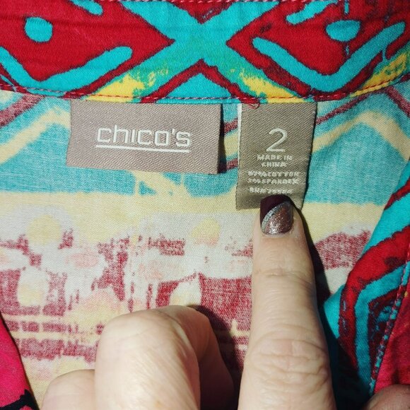 Chico's Colorful Elephant Pattern Button Down Shirt - Picture 3 of 9